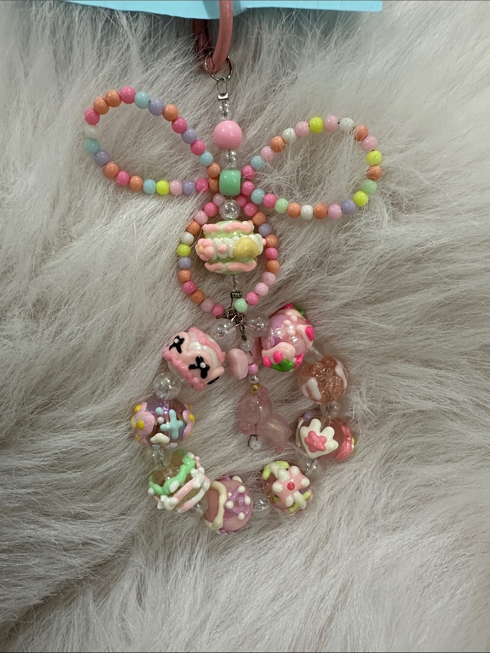 Handmade Pastel Pink Beaded Bow Charm with Dessert Beads